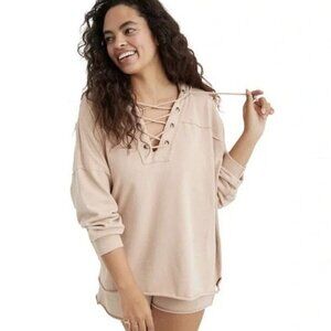 Aerie Womens Beige Pink Lace Up Long Sleeve Oversized Hoodie Sweater Size Medium